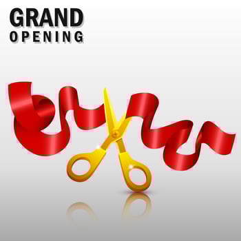 Grand opening with red ribbon and gold scissors, Vector Illustration