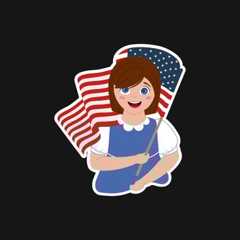 Sticker Style Cheerful Girl Holding American Flag On Black Background. vector