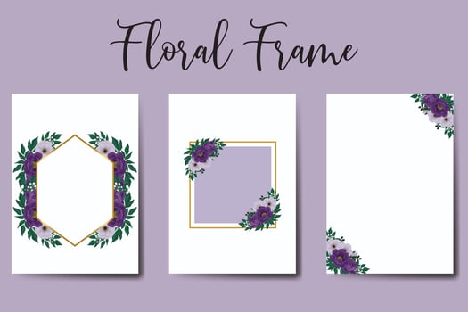 Wedding invitation frame set, floral watercolor Digital hand drawn Purple Peony Flower design Invitation Card Template vector