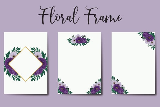 Wedding invitation frame set, floral watercolor Digital hand drawn Purple Peony Flower design Invitation Card Template vector