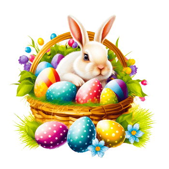Easter rabbit bunny in basket with eggs cartoon. png