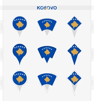 Kosovo flag, set of location pin icons of Kosovo flag. vector