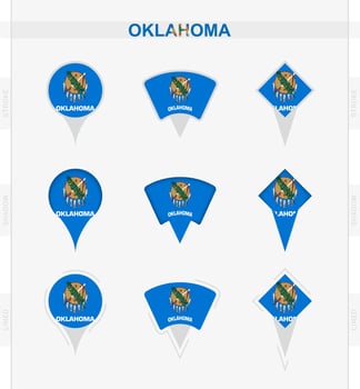 Oklahoma flag, set of location pin icons of Oklahoma flag. vector
