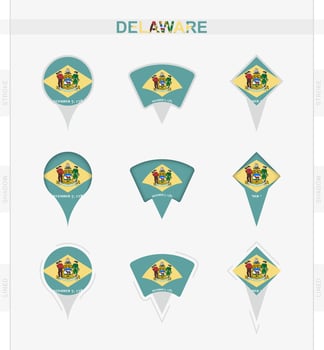 Delaware flag, set of location pin icons of Delaware flag. vector