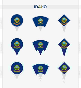 Idaho flag, set of location pin icons of Idaho flag. vector