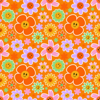 Groovy flower seamless pattern. Y2k floral smile background. Cartoon retro daisy print with funny faces. Vector trendy aesthetic illustration.