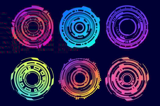 HUD futuristic elements. Abstract optical neon aim. Circle geometric shapes for virtual interface and games. Camera viewfinder for sniper weapon. Vector set