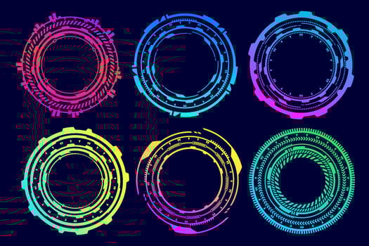 HUD futuristic elements. Abstract optical neon aim. Circle geometric shapes for virtual interface and games. Camera viewfinder for sniper weapon. Vector set
