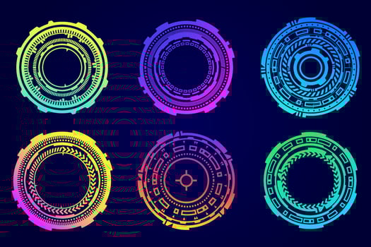 HUD futuristic elements. Abstract optical neon aim. Circle geometric shapes for virtual interface and games. Camera viewfinder for sniper weapon. Vector set