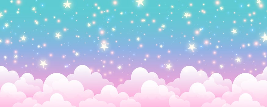 Cloudy sky background. Unicorn fantasy pastel galaxy. Rainbow cute wallpaper. Fluffy magic pink landscape. Vector illustration