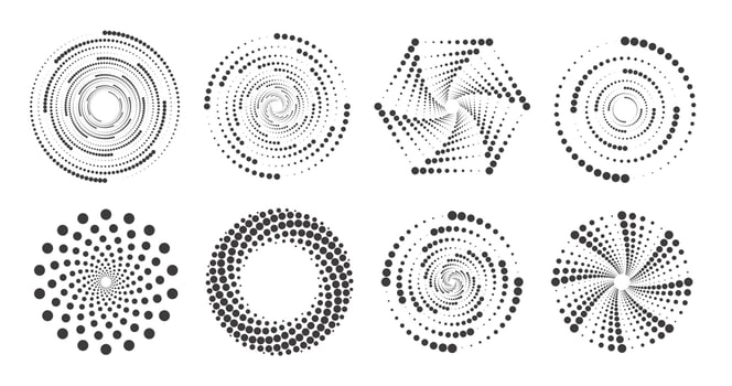 Dotted circles pattern. Abstract half tone graphic set. Circular textured round spiral frames. Vector swirl geometric rings with gradation.