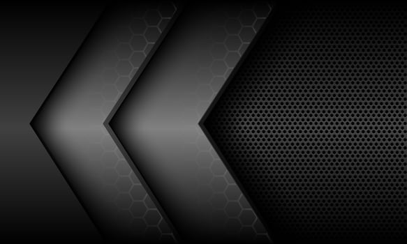Abstract grey metallic arrow direction overlap on dark circle mesh pattern blank space design modern luxury futuristic background vector
