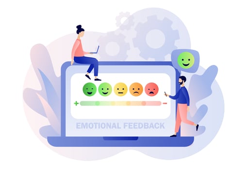 Emotions scale on laptop screen. Mood concept. Tiny people leave feedback online. Emoji set for mood tracker. Excellent, good and normal, bad and awful. Modern flat cartoon style. Vector illustration