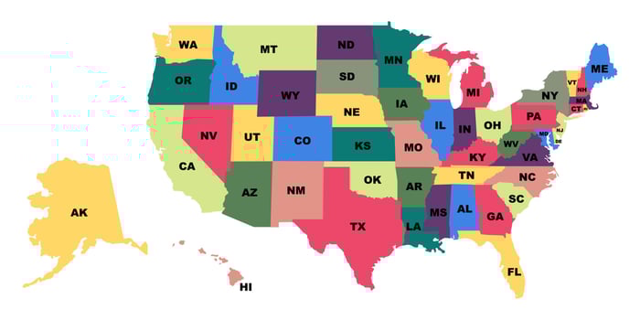 US states illustration. USA map with states. Fifty states of America. US map in color. vector