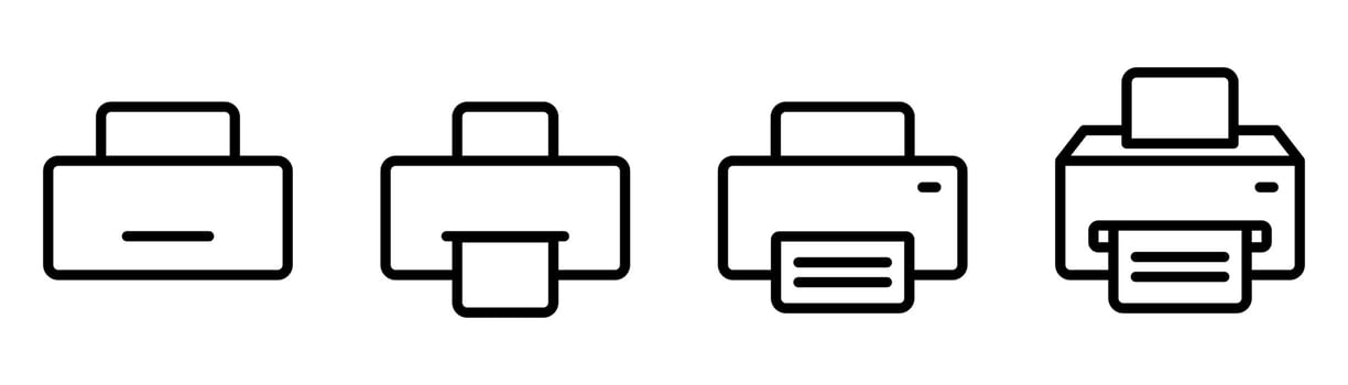 Printer icon set. Print symbol in outline. Linear printer icon set. Fax machine with paper. Stock vector illustration