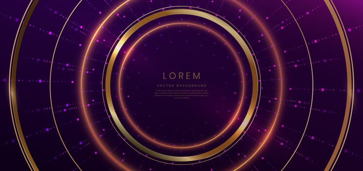 Abstract golden circle glowing with lighting effect on dark purple background and dot element. Template premium award design. vector