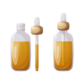 Glass bottle with a pipette with oil serum in closed and open form. Cosmetic fluid for skin care. Trendy vector illustration.