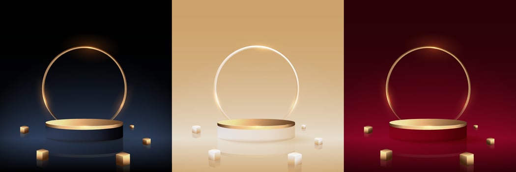 Luxury 3d set of gold podium with circle ring background or round stage with cube minimal wall scene for mockup products display showcase. vector