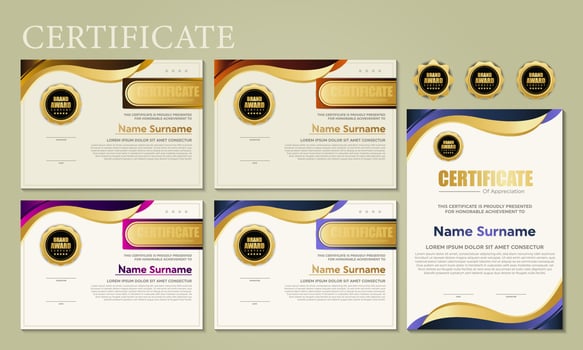 Award template certificate, gold color and blue gradient. Contains a modern certificate with a gold badge. vector