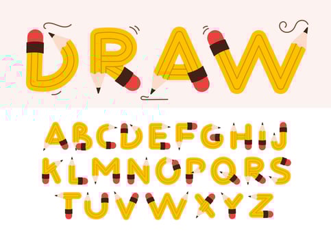 Alphabet in the form of pencils. Children's playful alphabet. Stylized multicolored letters. Vector font design template.