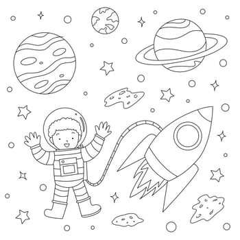 Coloring book for children, astronaut with spaceship among the planet vector