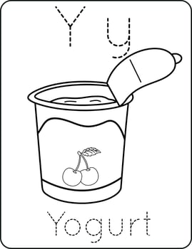 Letter Yy uppercase and lowercase, cute children coloring a yogurt, ABC alphabet tracing practice worksheet of a yogurt for kids learning English vocabulary, and handwriting vector illustration
