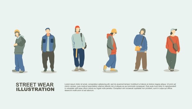 young people fashion set. fashion week streetwear style illustration set. vector