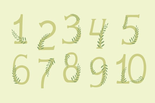 Numbers from Zero to Ten with plant branches. Hand drawn vector art. Botanical colors