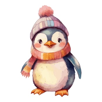 Watercolor Cute Penguin With Cotton Hat, and Scarf vector