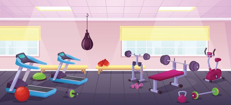 Cartoon gym interior with fitness equipment, city training club. Empty sport room with bench press, treadmill, dumbbells vector illustration