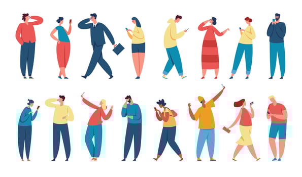 People using smartphones, young characters holding phone. Businessman talking on smartphone, men and women texting, taking selfie vector set