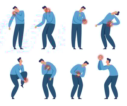 Man in pain, male character suffering from various body aches. Person with headache, heartache, stomach cramps, muscle or join ache vector set