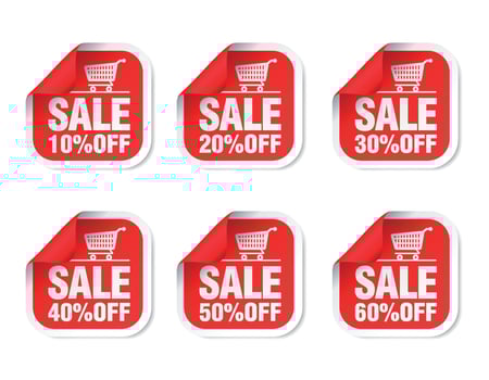 Red sale stickers set with shop cart. Sale 10, 20, 30, 40, 50, 60 off discount vector