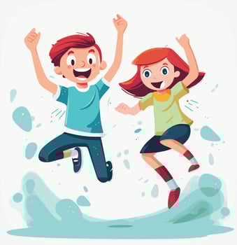 Happy school students celebrating, jumping up and holding hands together. Multi-ethnic teen pupils, boys and girls teenagers in uniform. Flat graphic vector illustrations isolated on white background