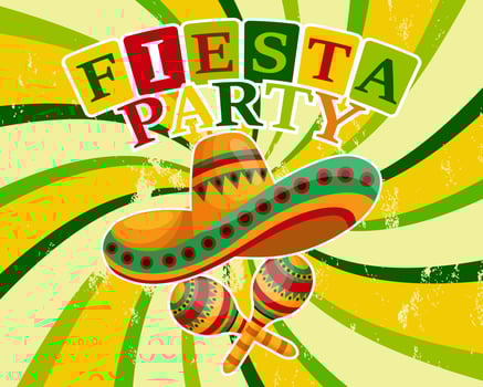 Colorful Cinco de Mayo banner with Mexico symbols, tacos, guitar, sombrero and maracas. Illustration, poster, vector