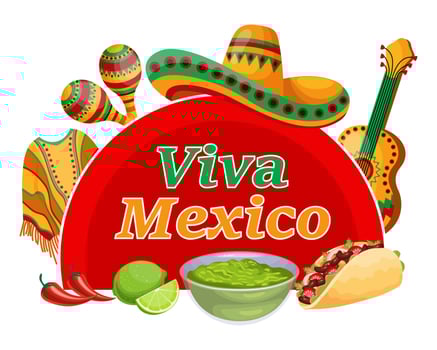 Viva Mexico colorful banner with symbols of Mexico, tacos, ponchos, guitar, sombrero and maracas. Illustration, poster, vector