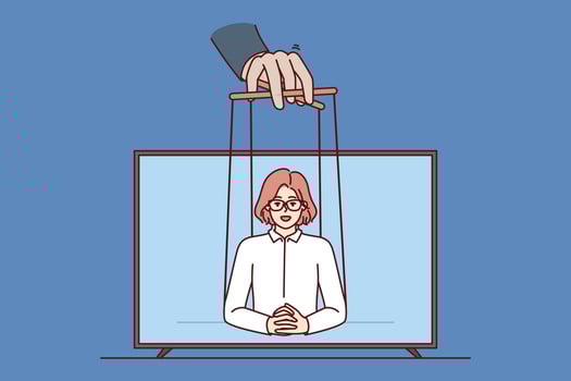 Manipulator hand over television female reporter telling fake news from tv screen to mislead and spread misinformation. Shadow government manipulator concept and world conspiracy to control via tv vector