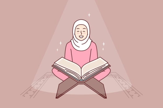 Muslim girl reads holy book quran turning to god allah sits in mosque or religious place for prayer. Positive woman in hijab studying arabic quran getting islamic traditional education vector
