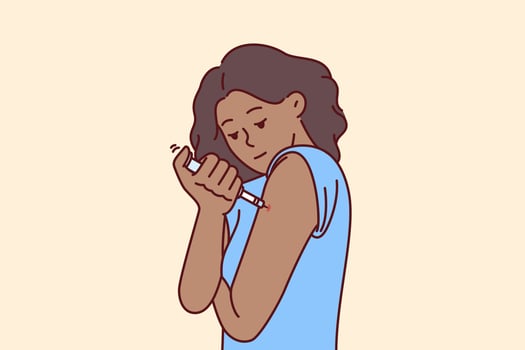 Woman injects diabetic insulin into arm to relieve pain associated with excess blood sugar. Young girl uses insulin medicine to fight diabetes or viral illness caused by infectious flu. vector