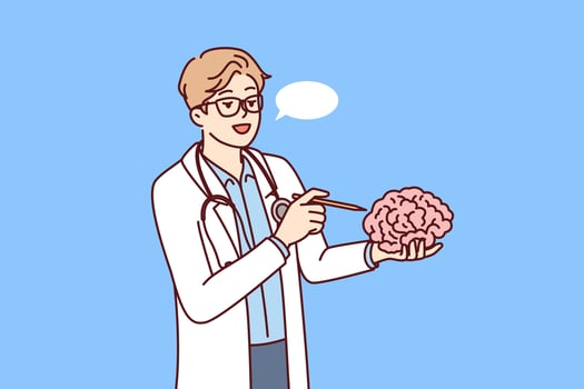 Doctor holds brain in hand explaining work of neurons to students of medical college or university. Concept studying human brain to find possibility of treating alzheimer disease or dementia vector
