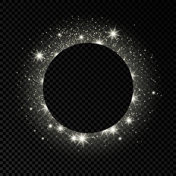 Silver circle frame with glitter, sparkles and flares on dark vector