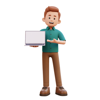 3d male character holding and presenting to a laptop with empty screen png