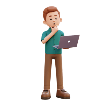 3d male character thinking and working on a laptop png