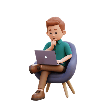 3d male character sitting on a sofa and working on a laptop with thinking pose png
