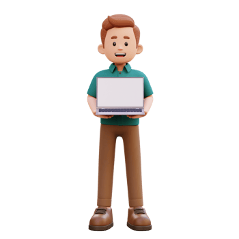 3d male character holding and presenting a laptop with empty screen png