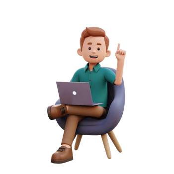 3d male character get an idea while sitting on a sofa and working on a laptop png