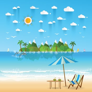 paradise coast landscape with mountains. Summer camp vacation concept in flat style vector