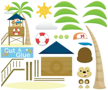 Funny monkey on lifeguard post. Education paper game for children. Cutout and gluing. Vector cartoon illustration