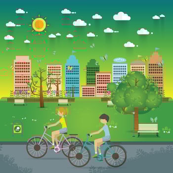 Couple Riding Bicycles In Public Park, Illustration, Flat Design, vector