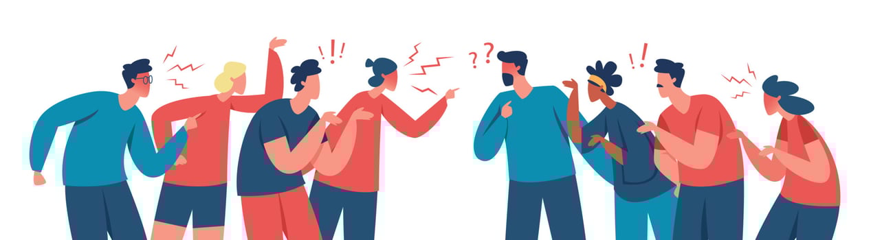 Two groups of people arguing and fighting, conflict among people. Angry characters having argument or disagreement vector illustration
